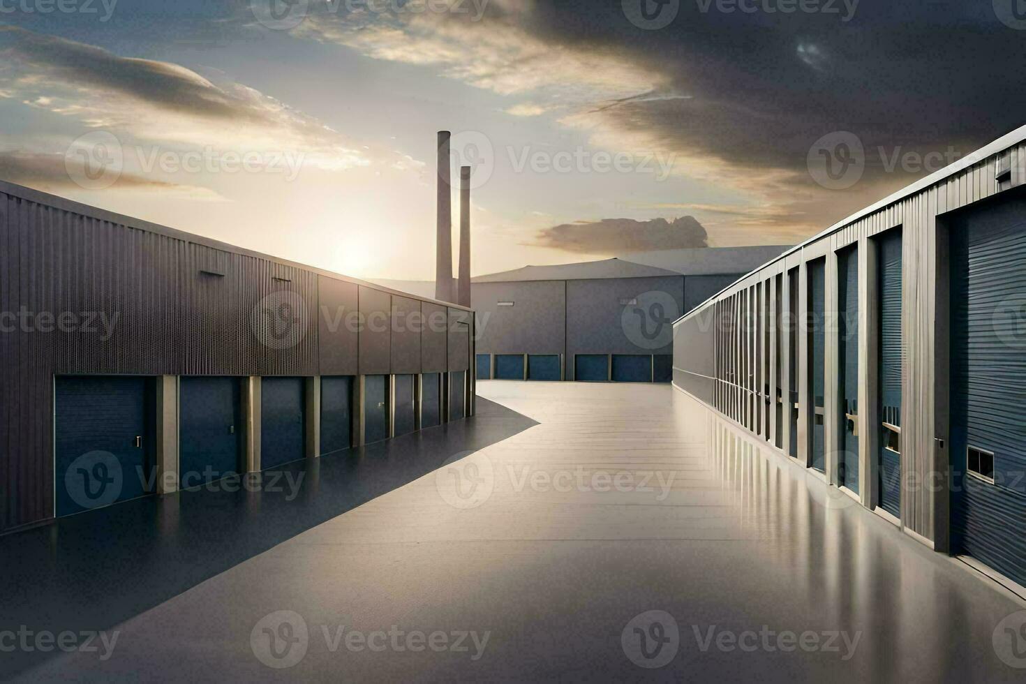 a long hallway with storage units and a sun setting. AI-Generated photo