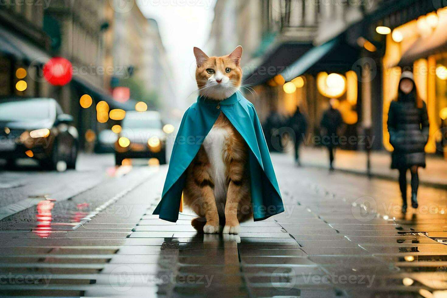 a cat wearing a cape walks down a street. AI-Generated photo