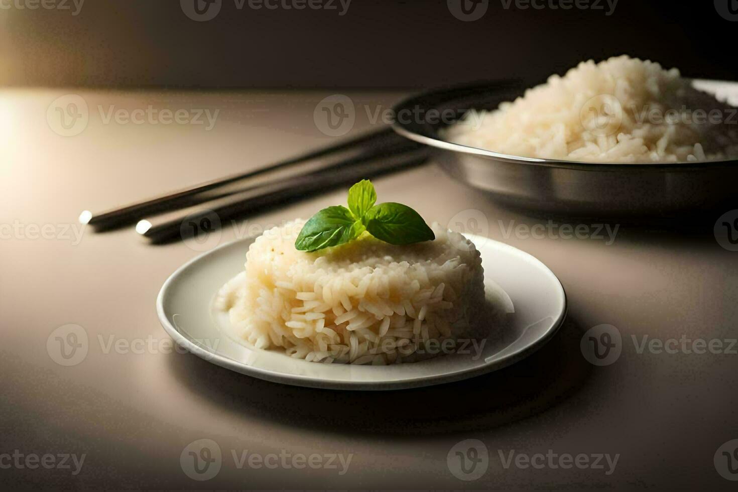 a plate with rice and chopsticks on a table. AI-Generated photo