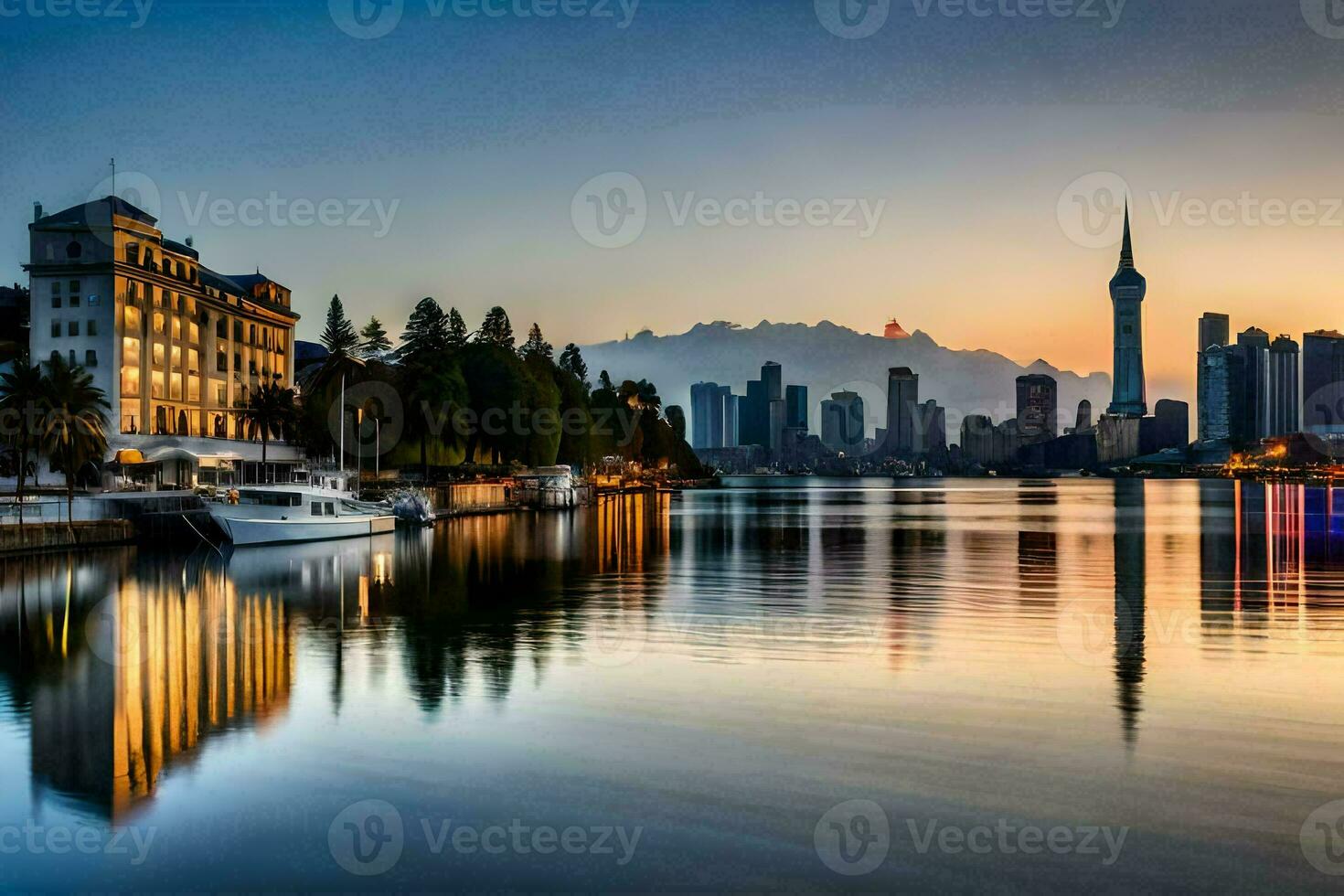 the city skyline is reflected in the water at sunset. AI-Generated photo