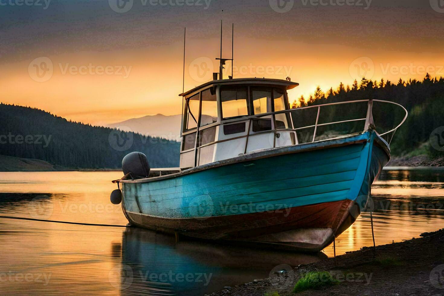 a boat sits on the shore of a lake at sunset. AI-Generated photo