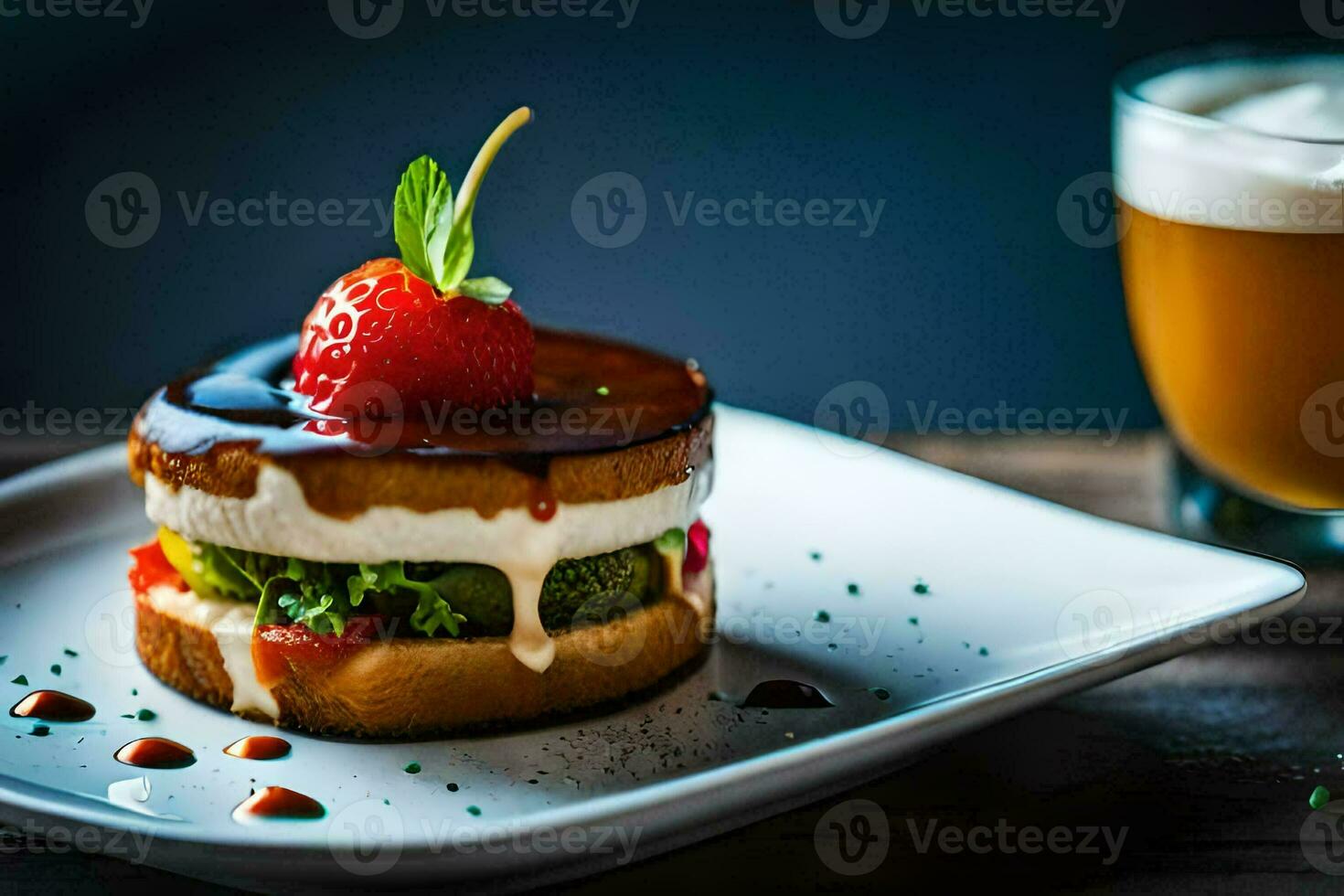 a strawberry and chocolate cake with a glass of beer. AI-Generated photo