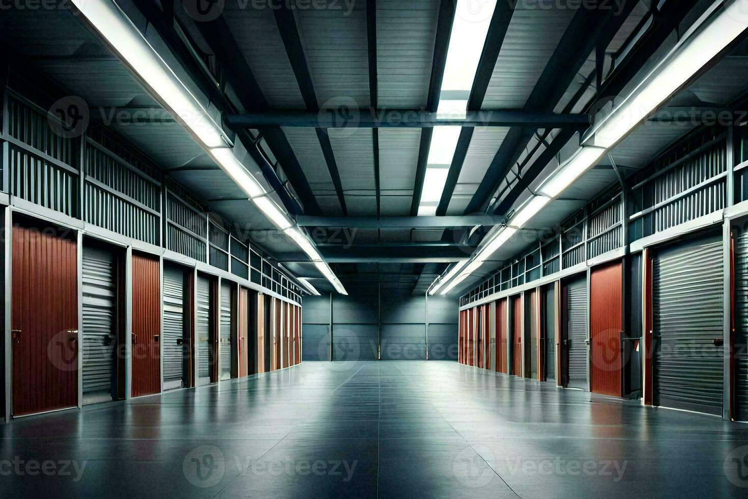 a long hallway with several storage units. AI-Generated photo