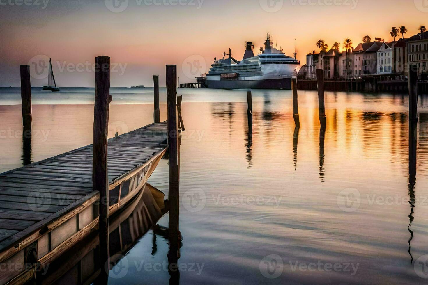 a boat docked in the water at sunset. AI-Generated photo