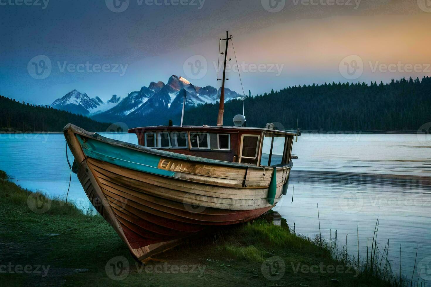 a boat sits on the shore of a lake at sunset. AI-Generated photo