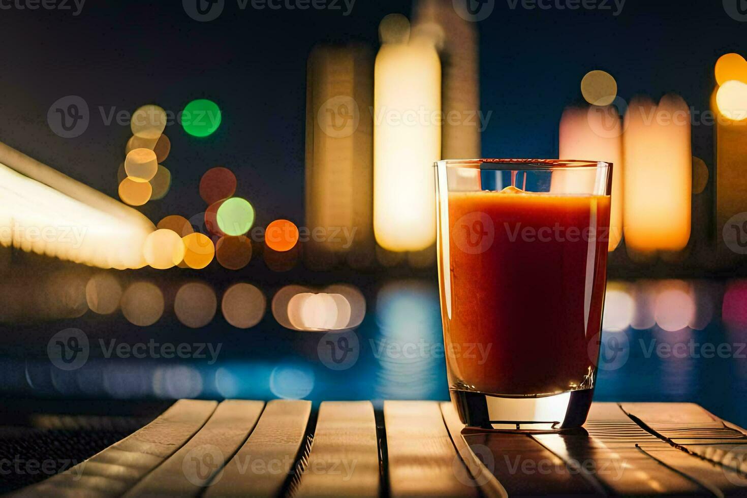 a glass of juice on a table in front of a city skyline. AI-Generated photo