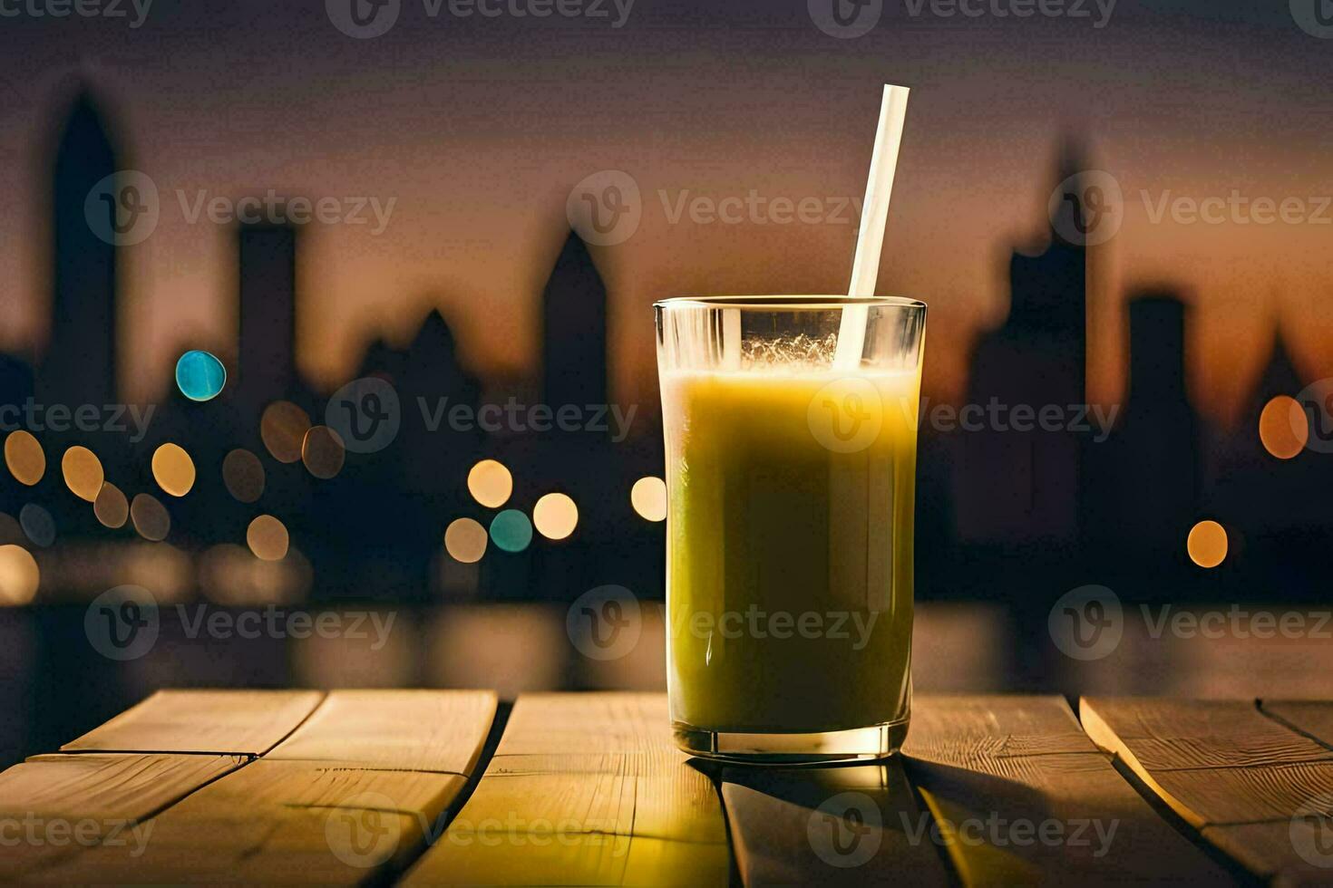 a glass of juice on a table in front of a city skyline. AI-Generated photo