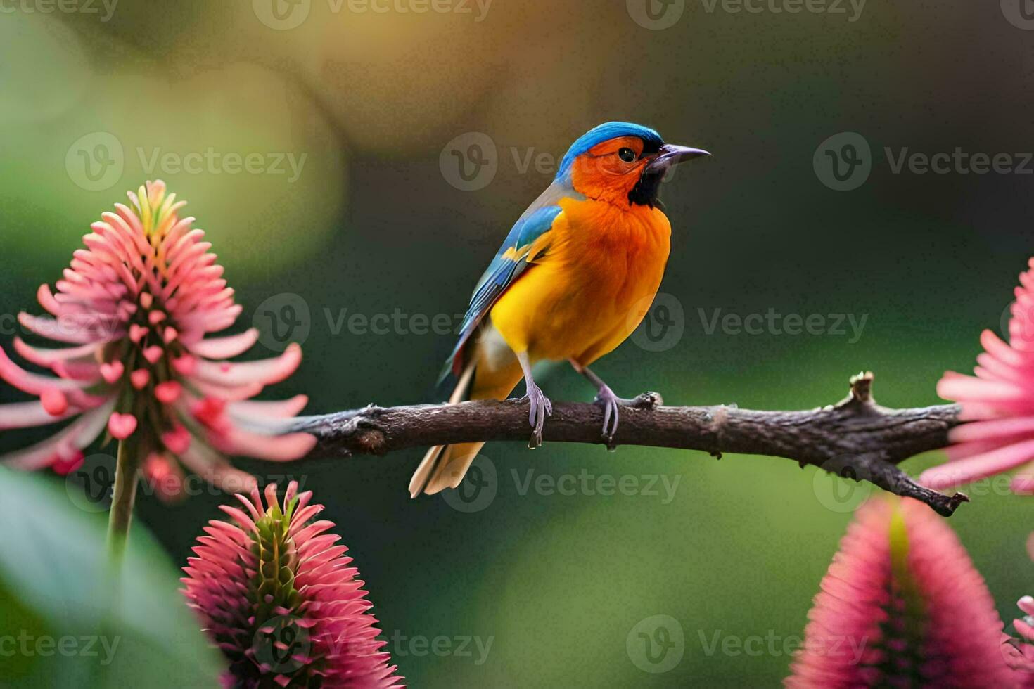 un vistoso pájaro se sienta en un rama en frente de rosado flores generado por ai foto