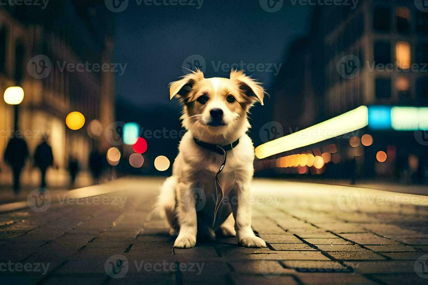 a dog sitting on the street at night. AI-Generated photo