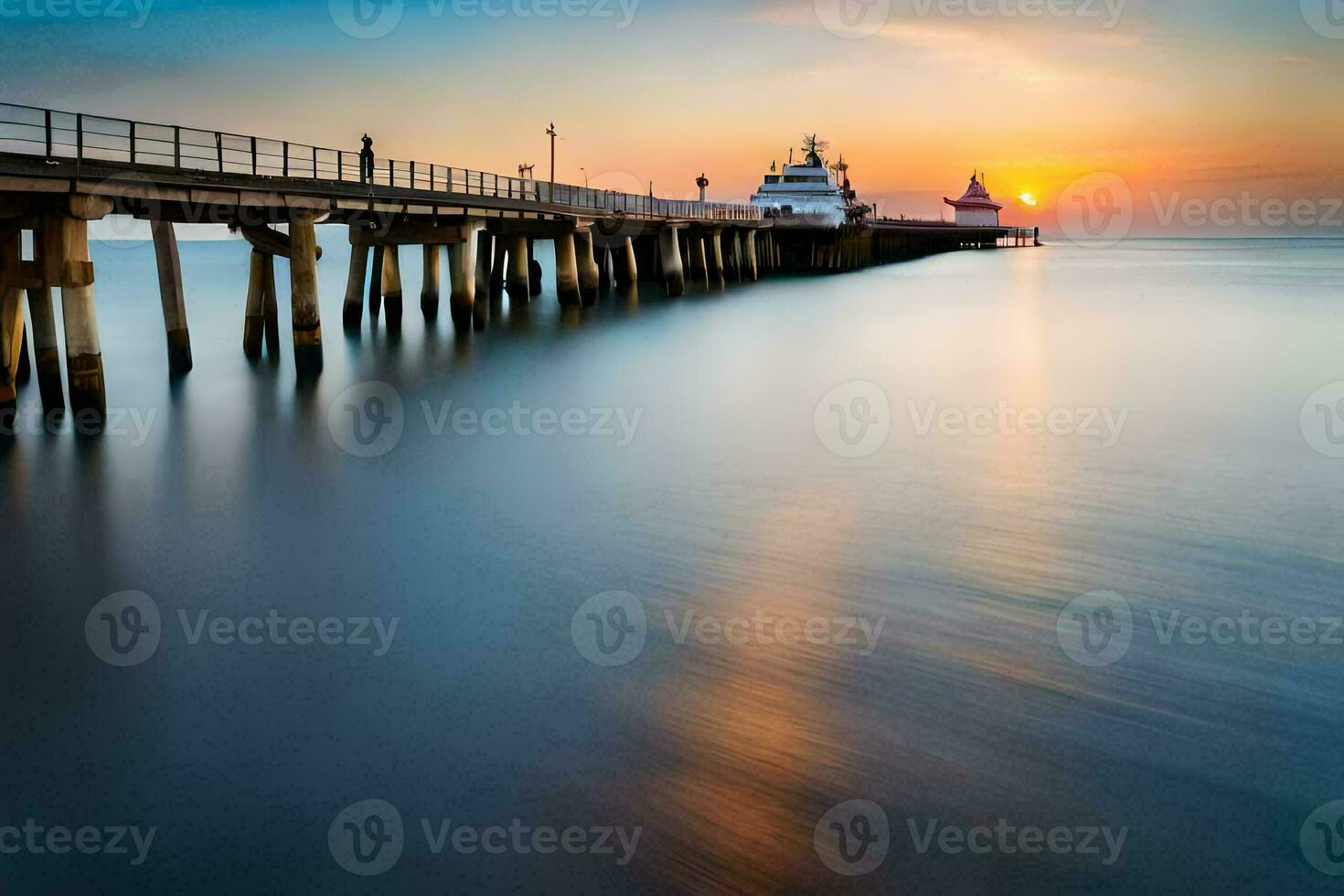 a long exposure photograph of a pier at sunset. AI-Generated photo