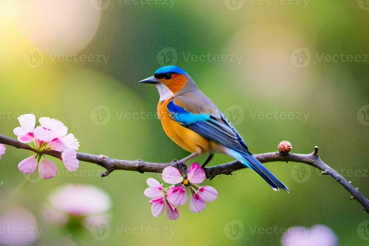 a blue and orange bird sits on a branch with pink flowers. AI-Generated photo