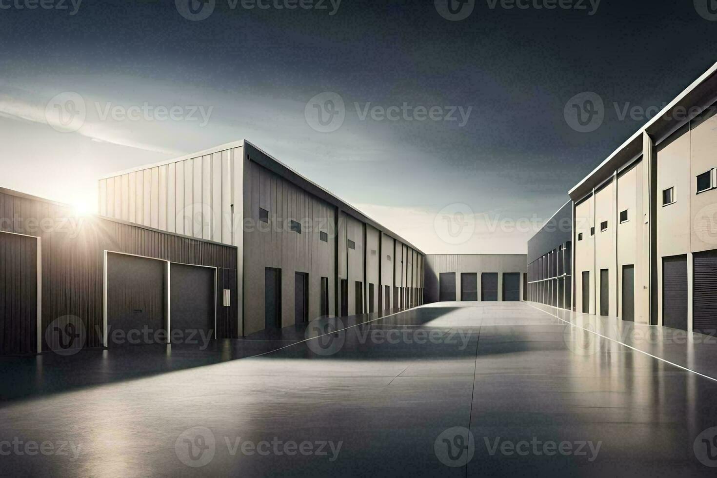 a long empty warehouse with two doors. AI-Generated photo