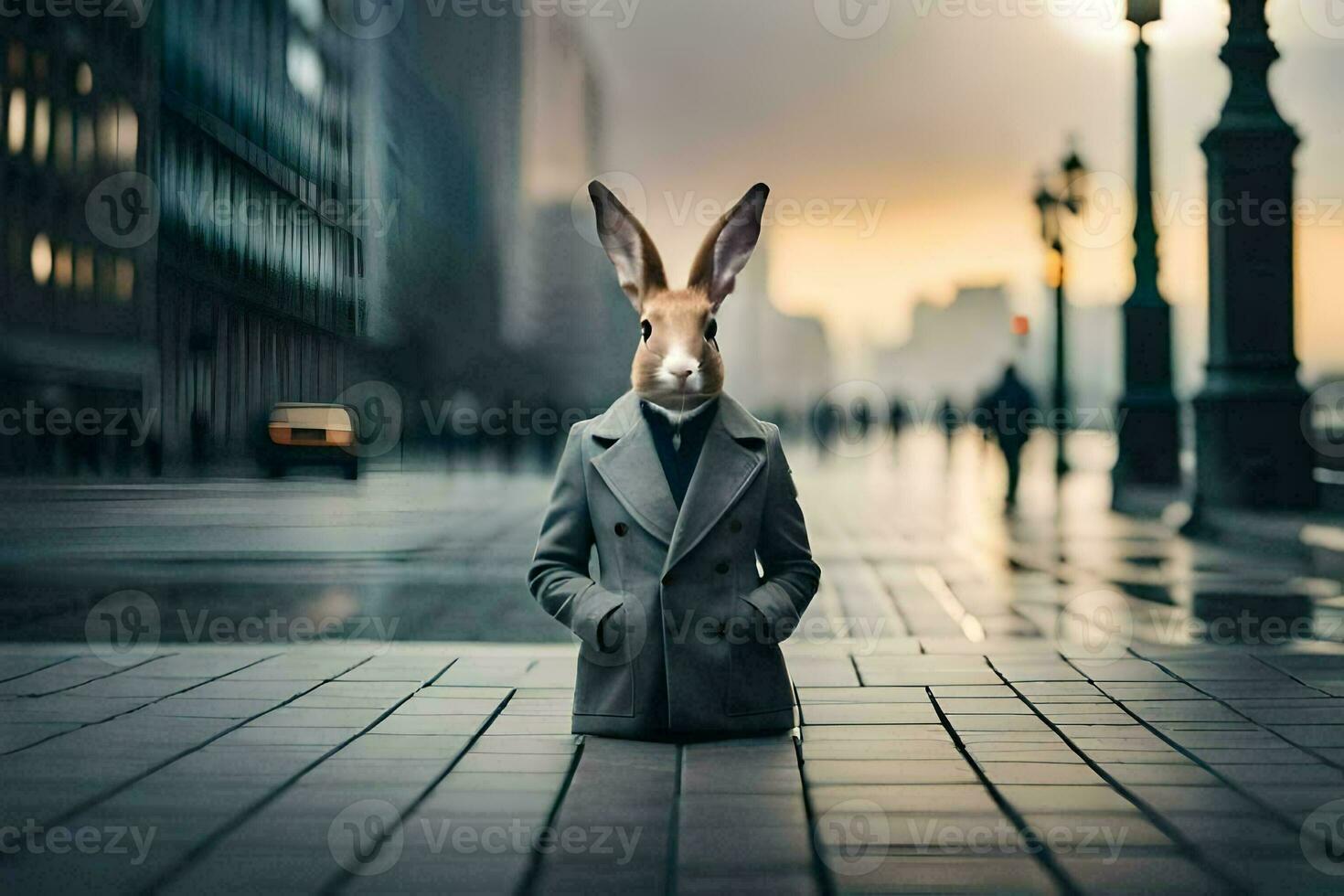 a rabbit wearing a suit and tie on a city street. AI-Generated photo