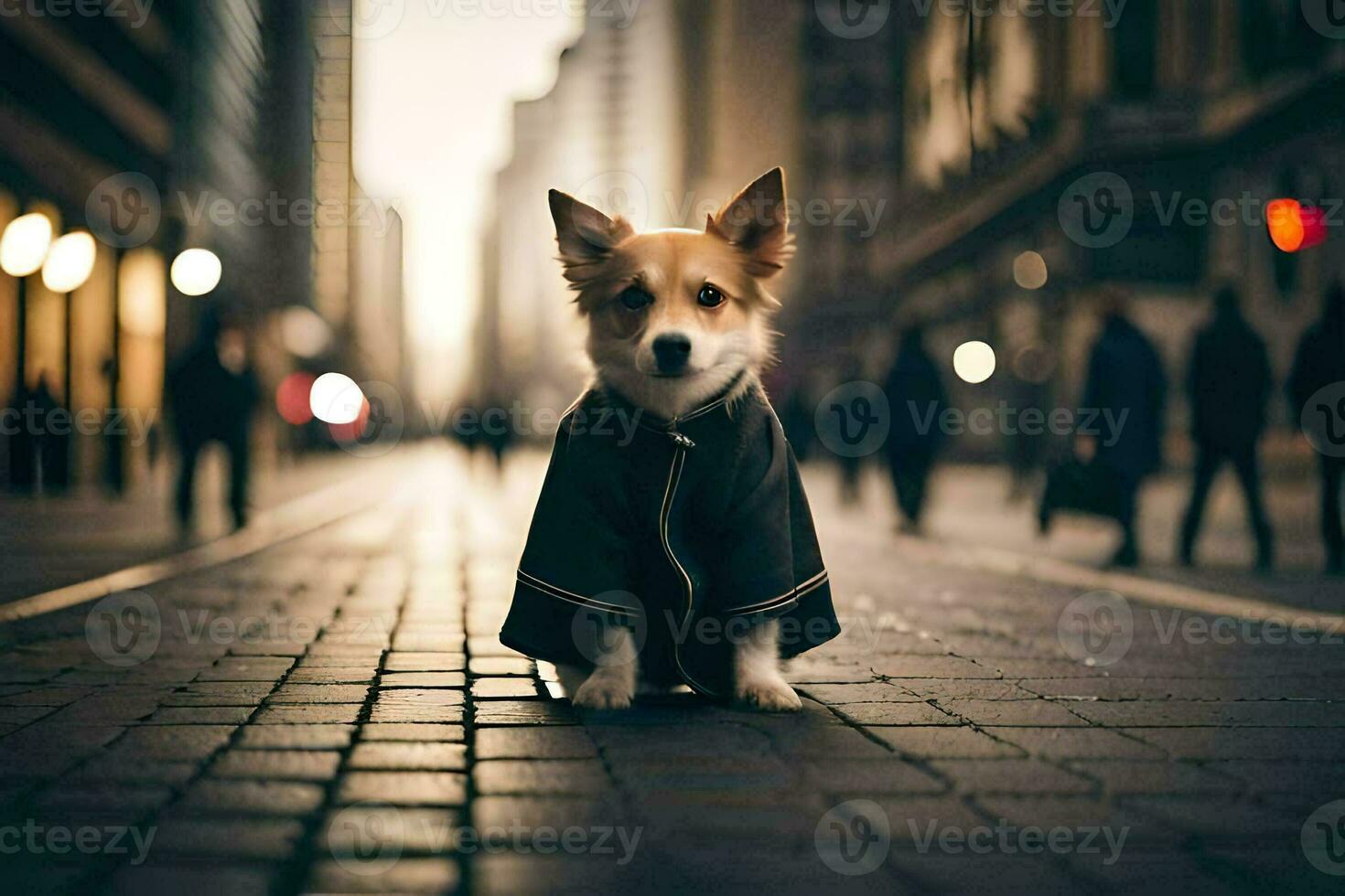 a dog wearing a coat on a city street. AI-Generated photo