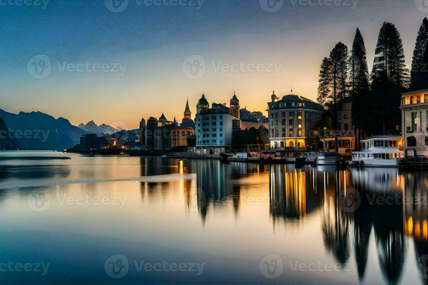 the lake of lucerne at dusk. AI-Generated photo