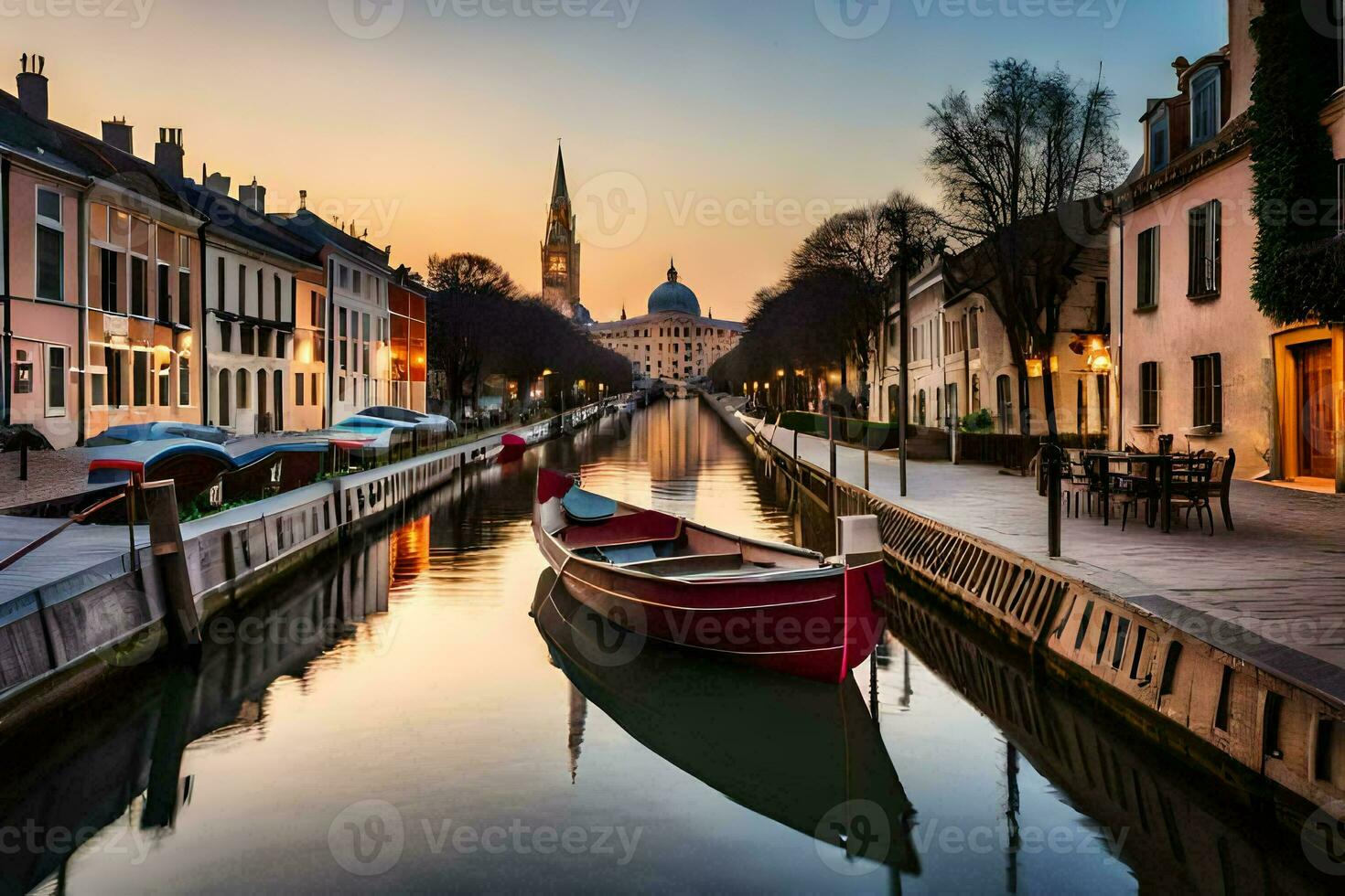 a boat is docked in a canal at sunset. AI-Generated photo