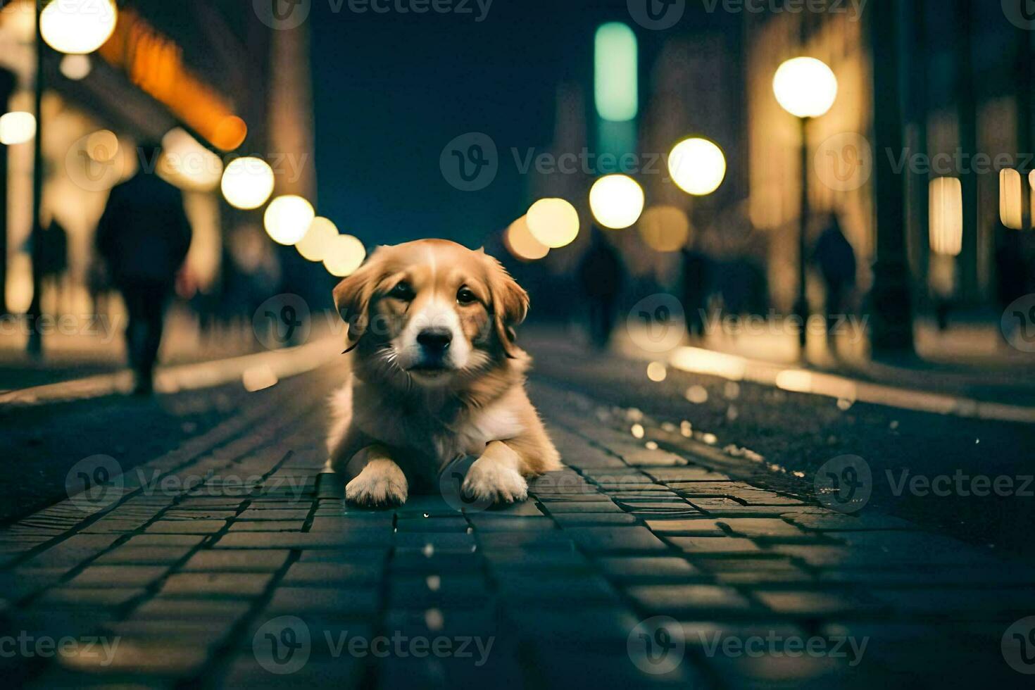 a dog sitting on the street at night. AI-Generated photo