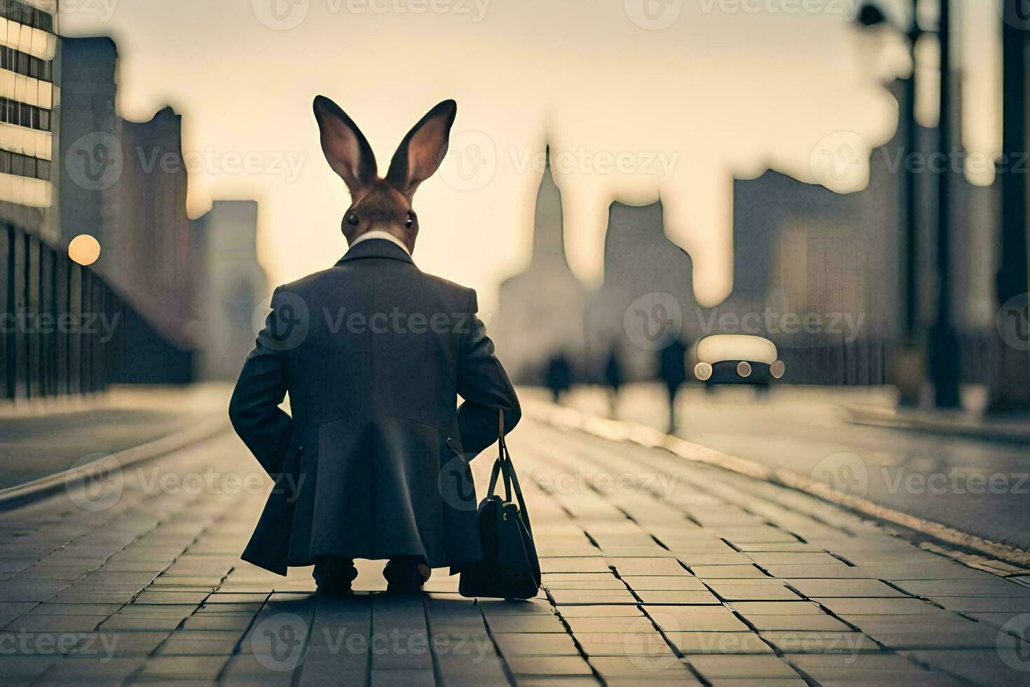 a rabbit wearing a suit and tie sitting on the street. AI-Generated photo
