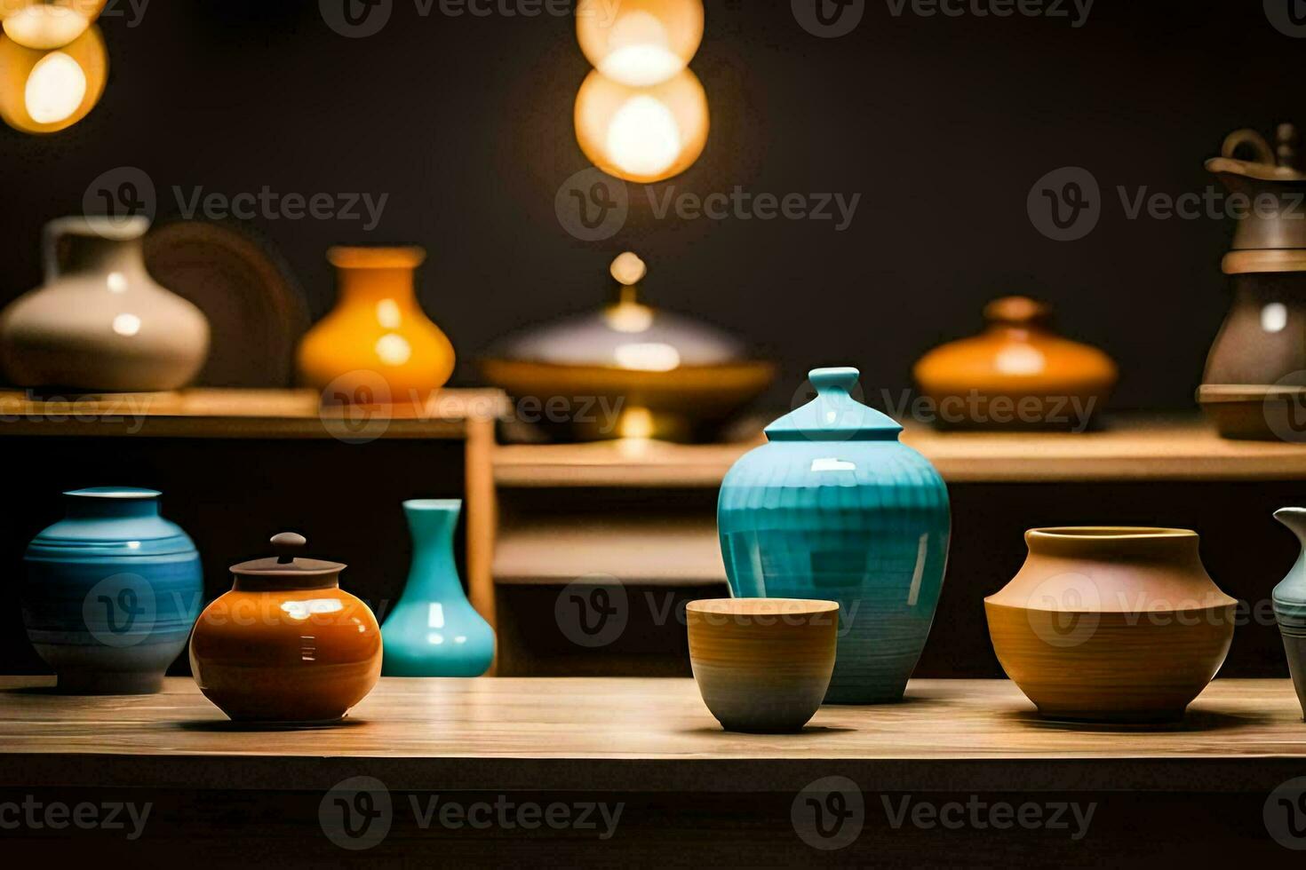 a collection of colorful vases on a table. AI-Generated photo