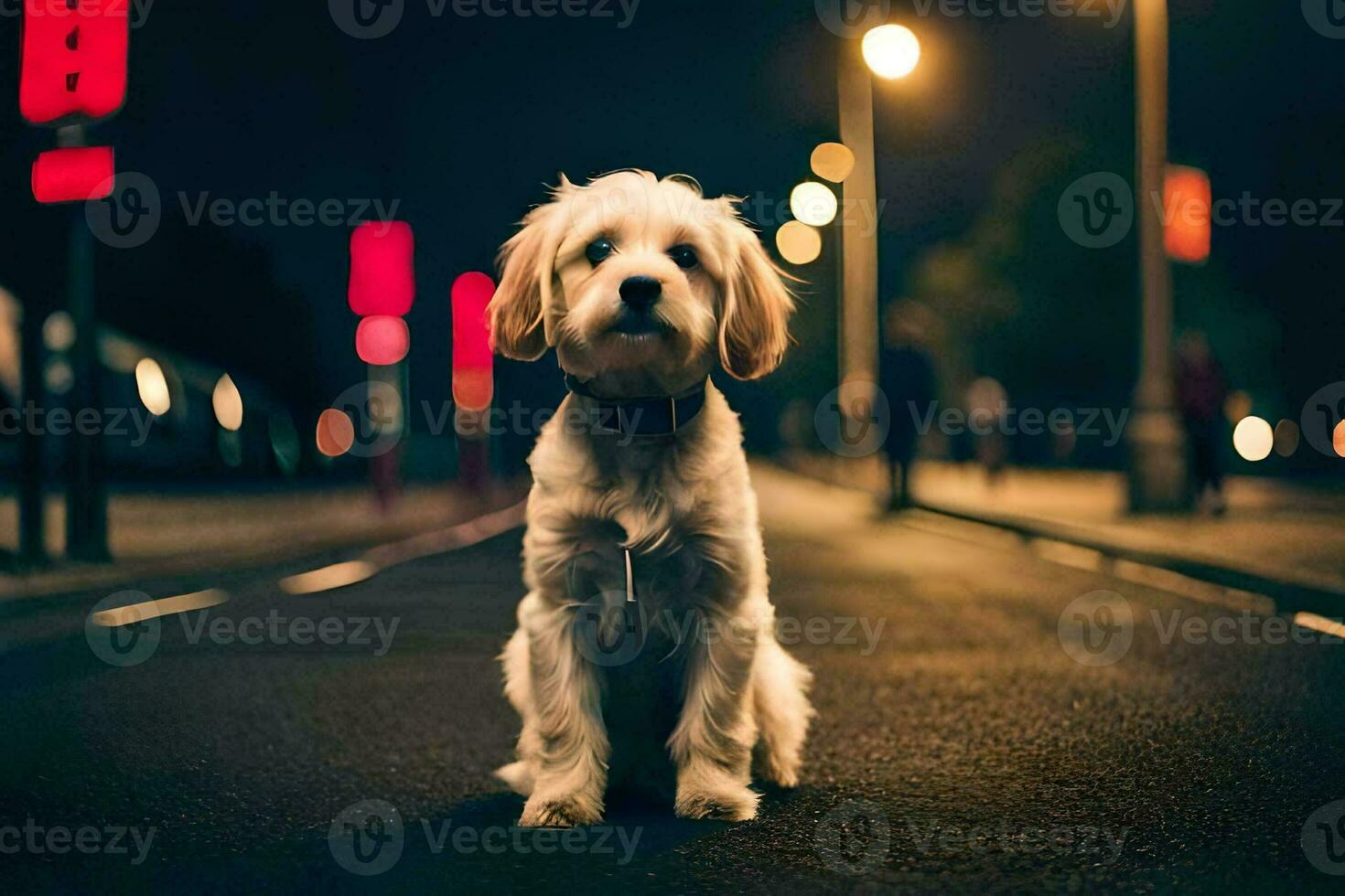a dog sitting on the street at night. AI-Generated photo