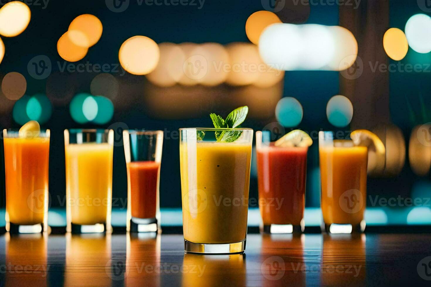 a row of glasses with different drinks on a table. AI-Generated photo
