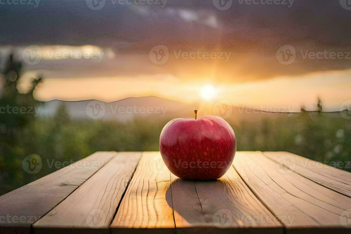 an apple sits on a wooden table in front of a sunset. AI-Generated photo