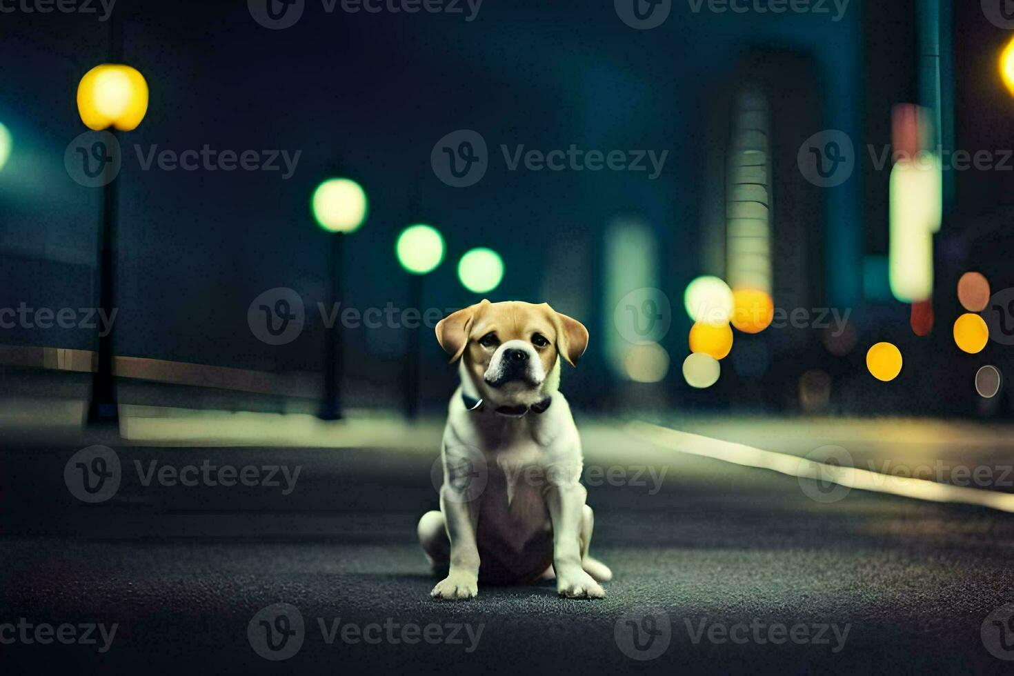 a dog sitting on the street at night. AI-Generated photo