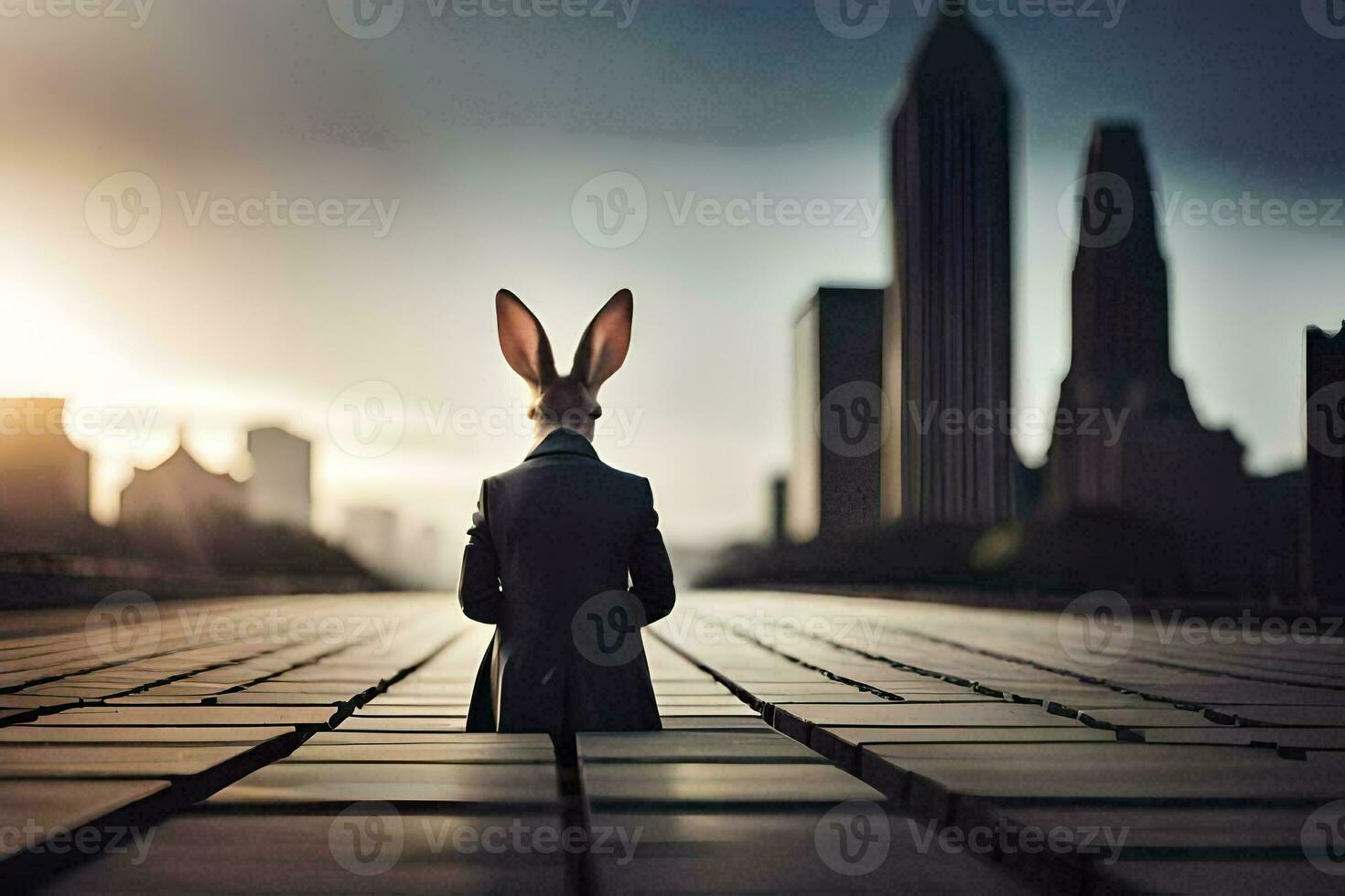 a rabbit in a suit sits on a bridge with a city in the background. AI-Generated photo
