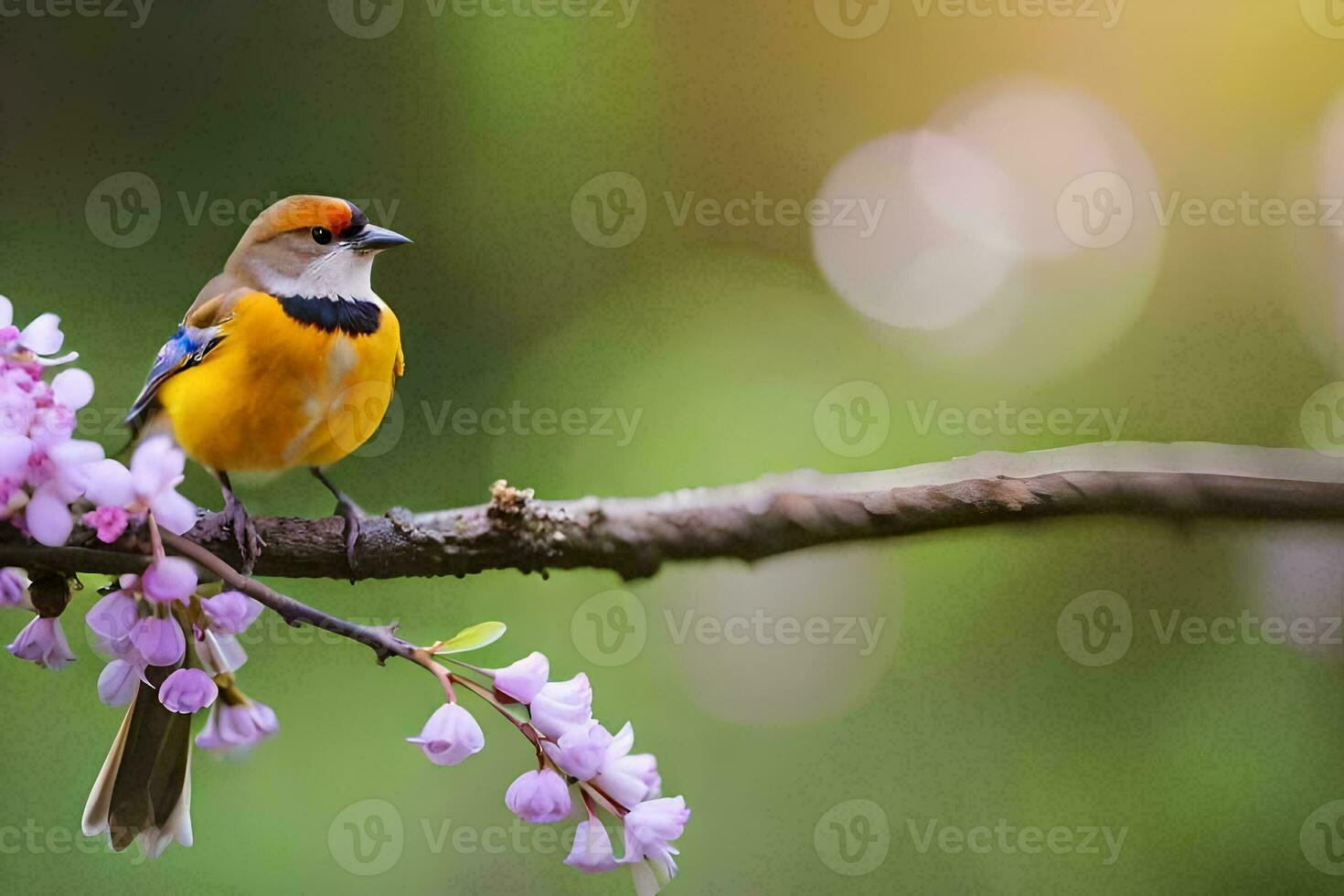 a bird sits on a branch with purple flowers. AI-Generated photo