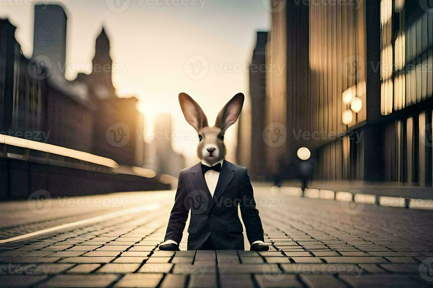 a rabbit wearing a suit and tie on the street. AI-Generated photo