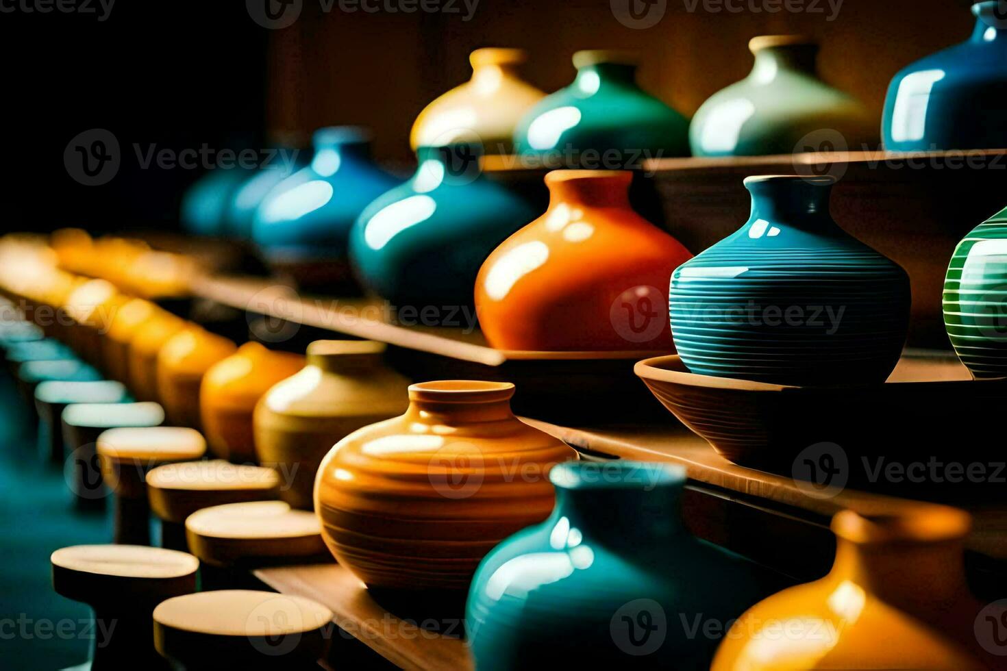 colorful vases on a shelf. AIGenerated 30155631 Stock Photo at Vecteezy