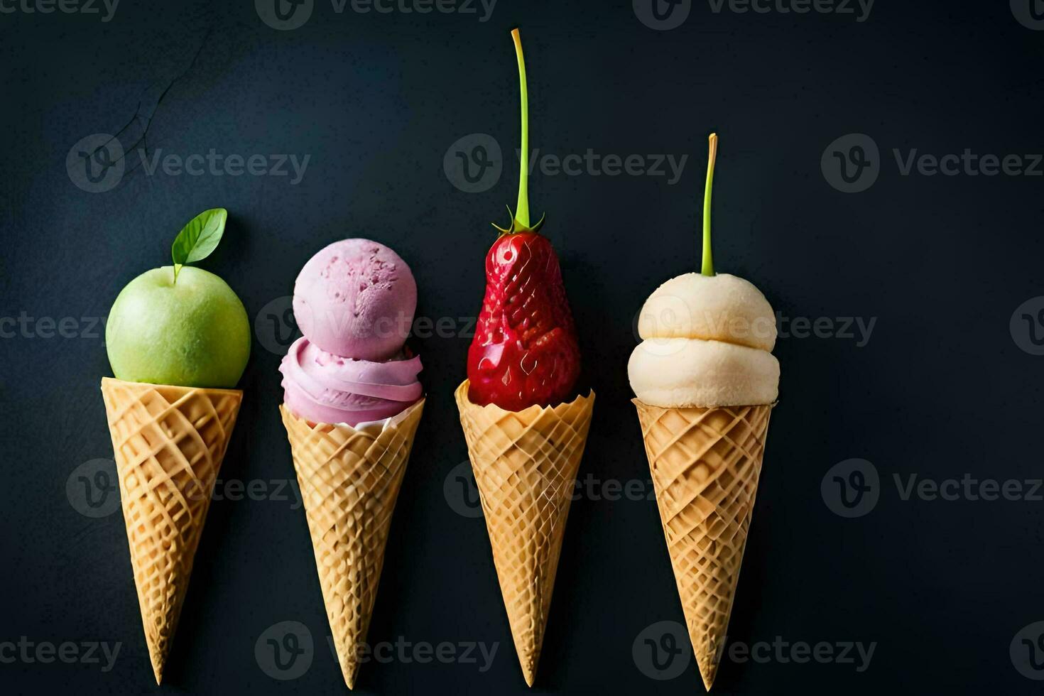four ice cream cones with different flavors on a black background. AI-Generated photo