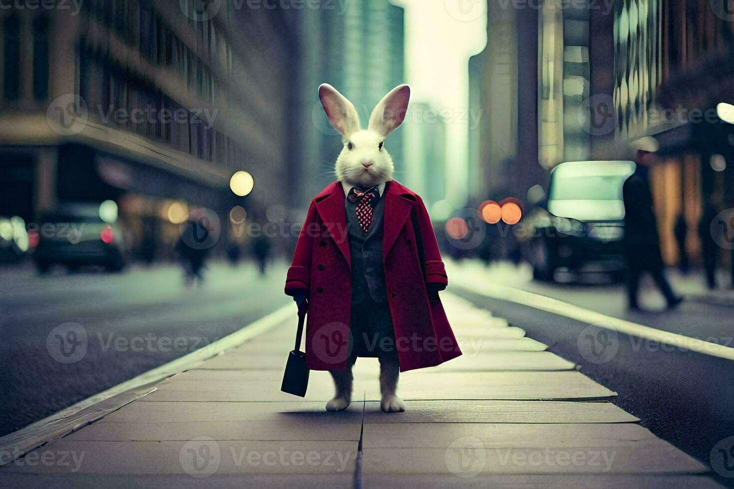 a rabbit dressed in a red coat and tie standing on a city street. AI-Generated photo