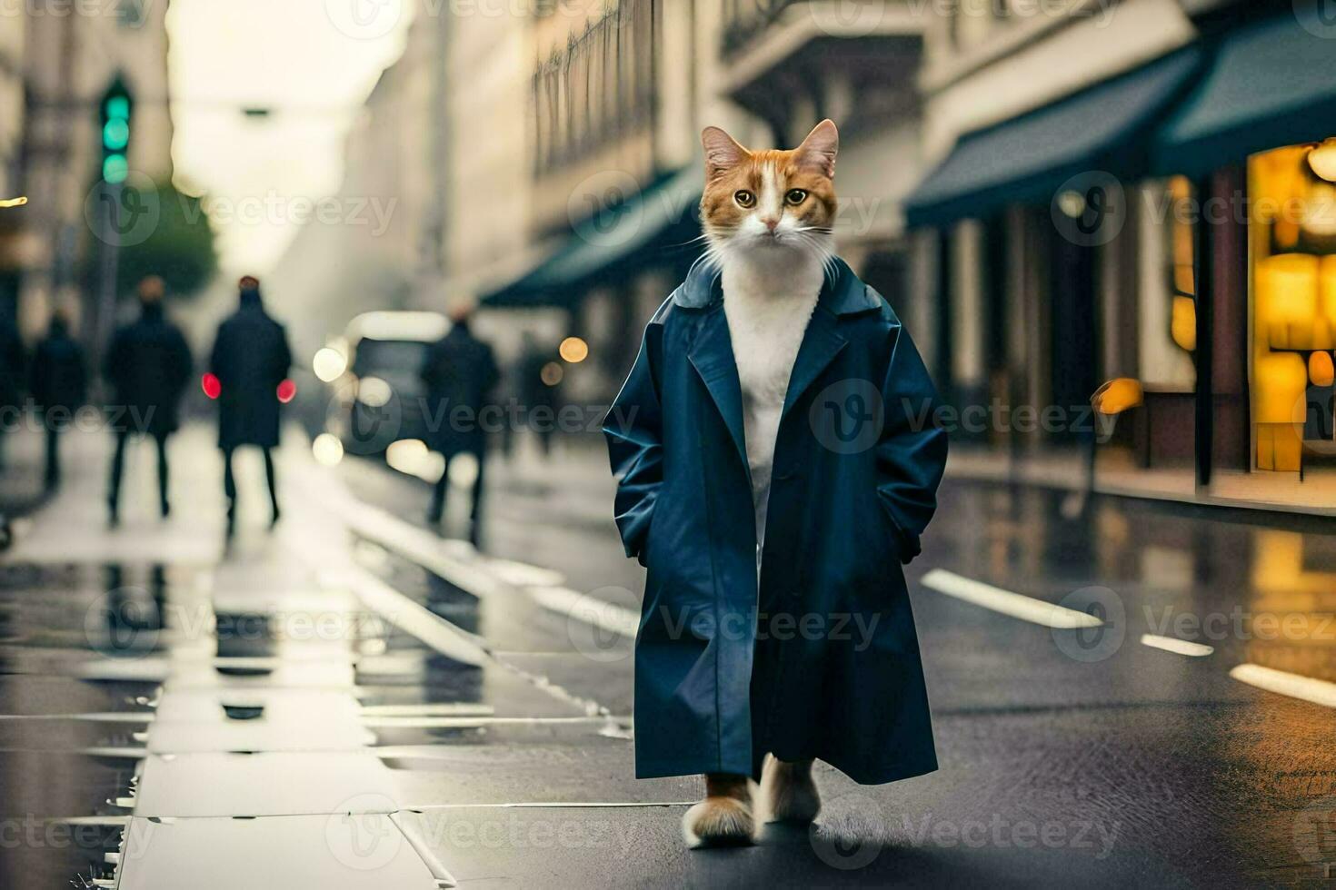 a cat in a trench coat walking down a street. AI-Generated photo