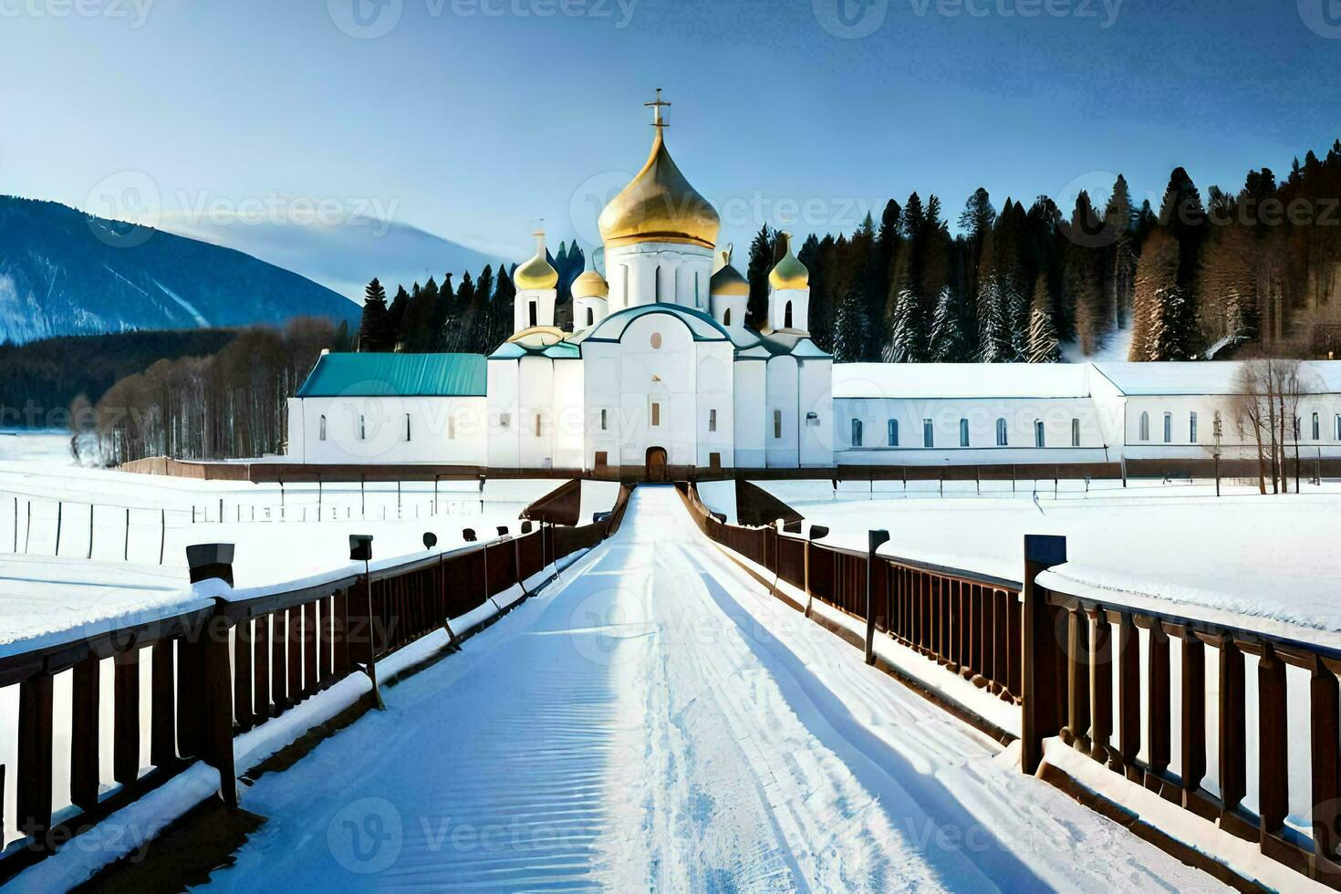 a bridge leads to a white church in the snow. AI-Generated photo