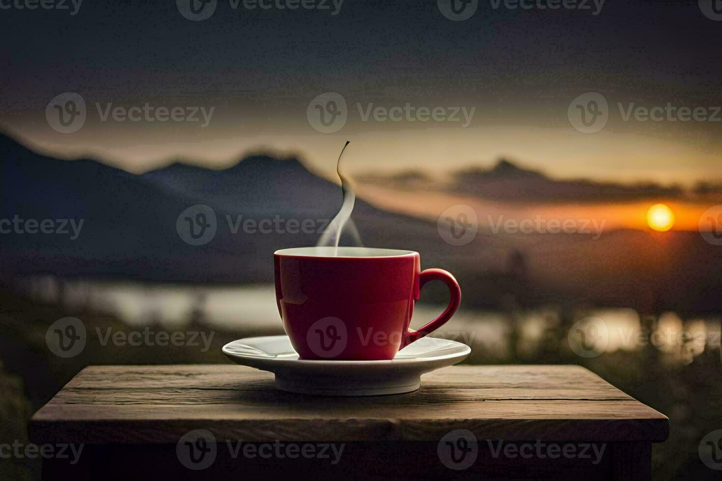a cup of coffee on a wooden table in front of a beautiful sunset. AI-Generated photo