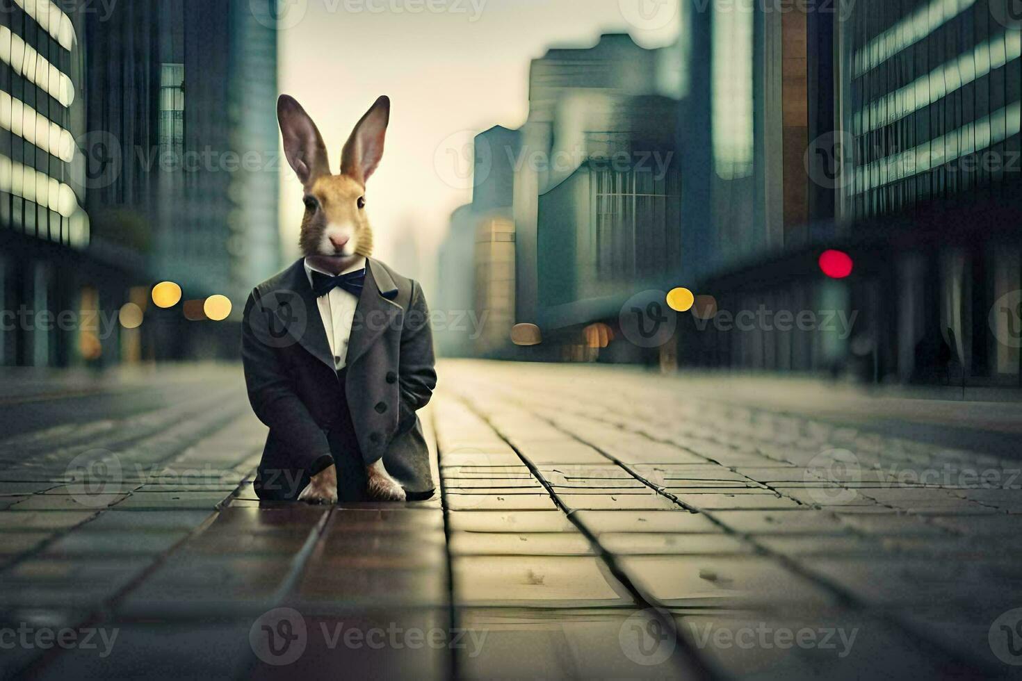 a rabbit wearing a suit and tie sits on the ground. AI-Generated photo