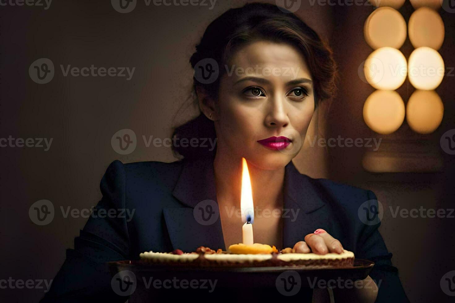 un mujer en un traje participación un pastel con un vela. generado por ai foto