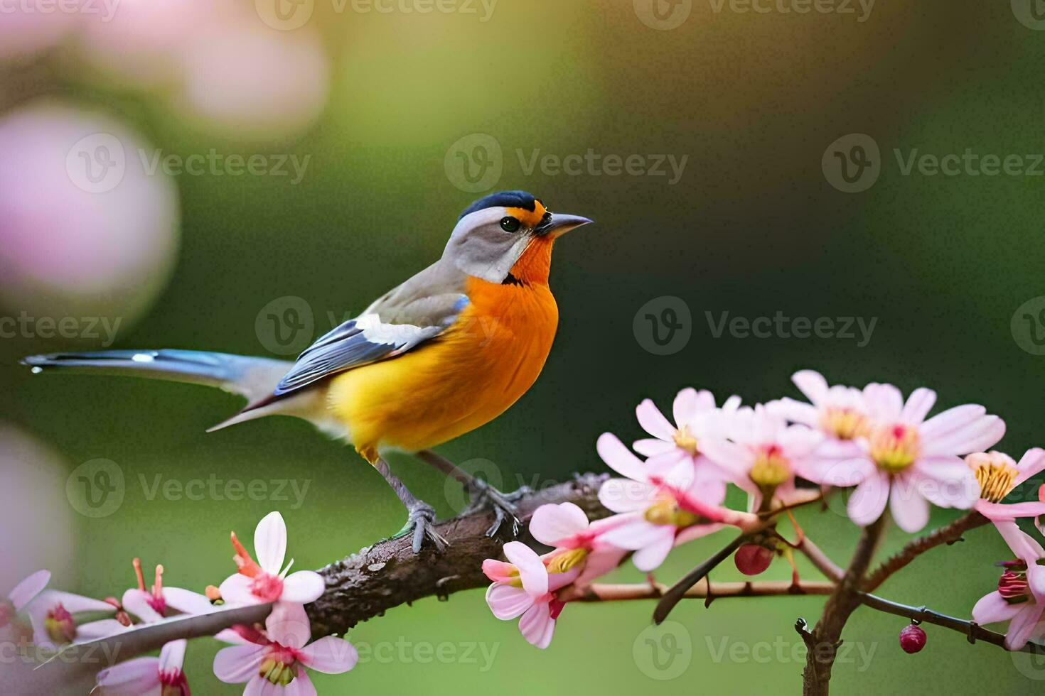 a bird is perched on a branch with pink flowers. AI-Generated photo