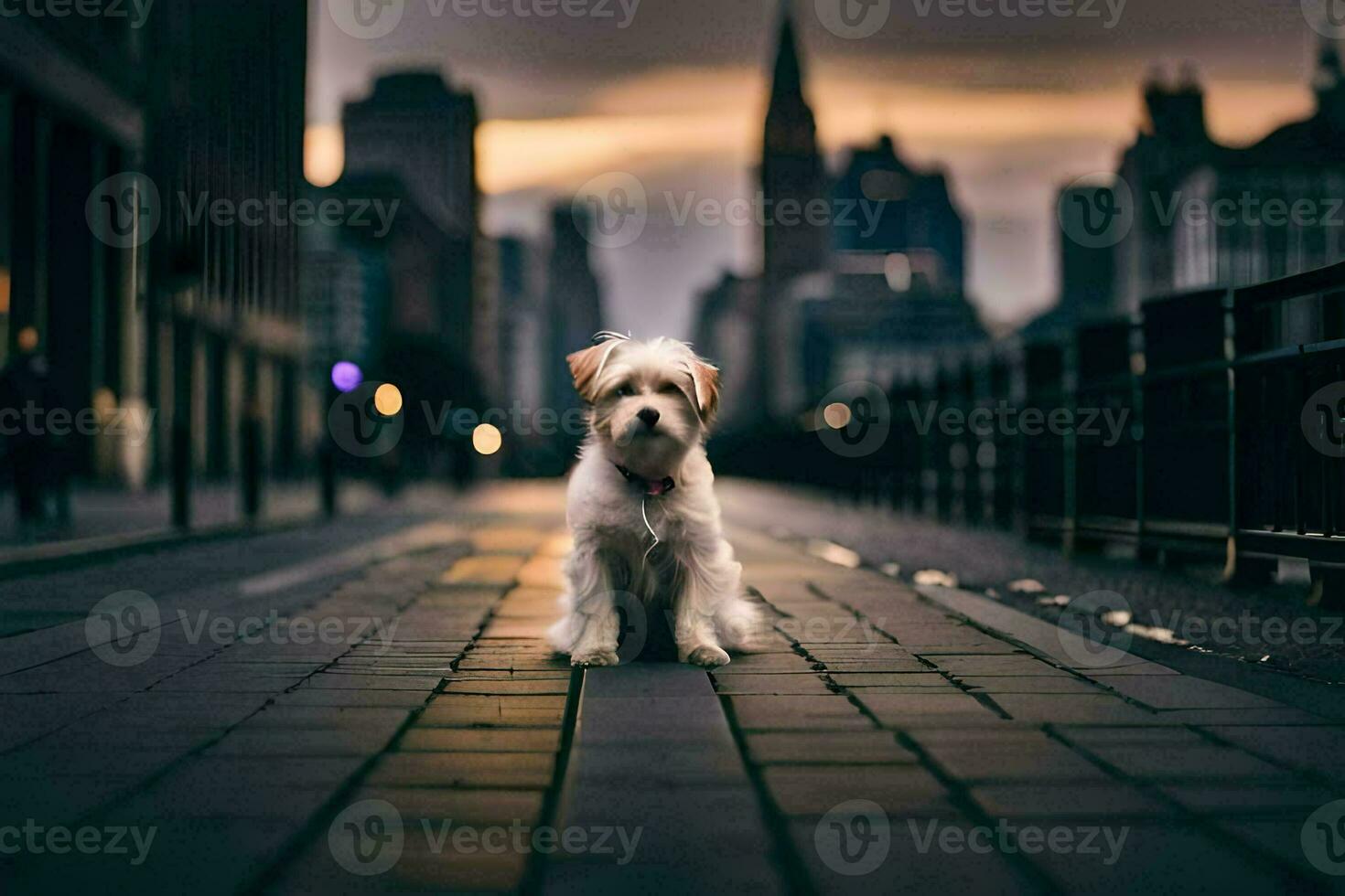 a small white dog sitting on the sidewalk in front of a city. AI-Generated photo