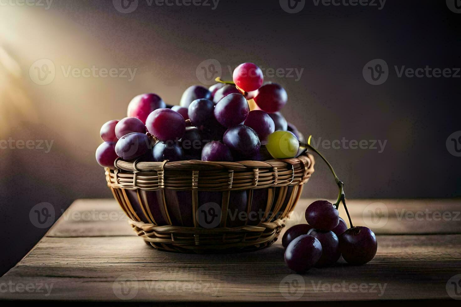 grapes in a basket on a wooden table. AI-Generated photo