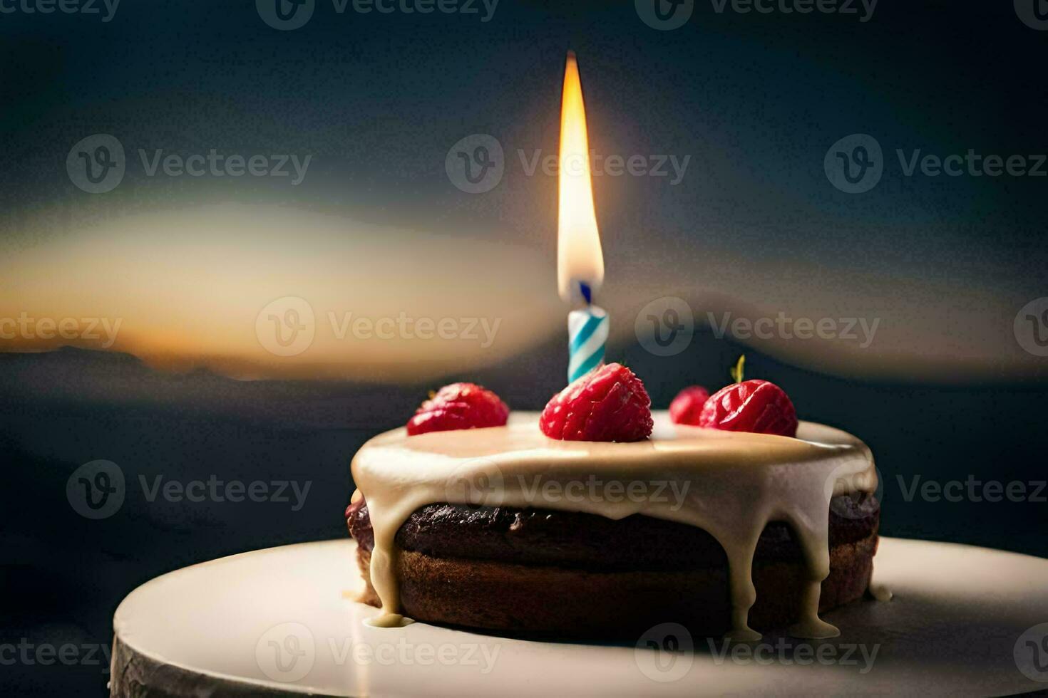 a birthday cake with a single candle on top. AI-Generated photo