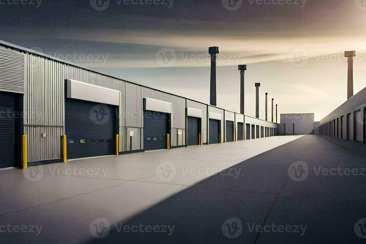 a long row of industrial buildings with doors open. AI-Generated photo