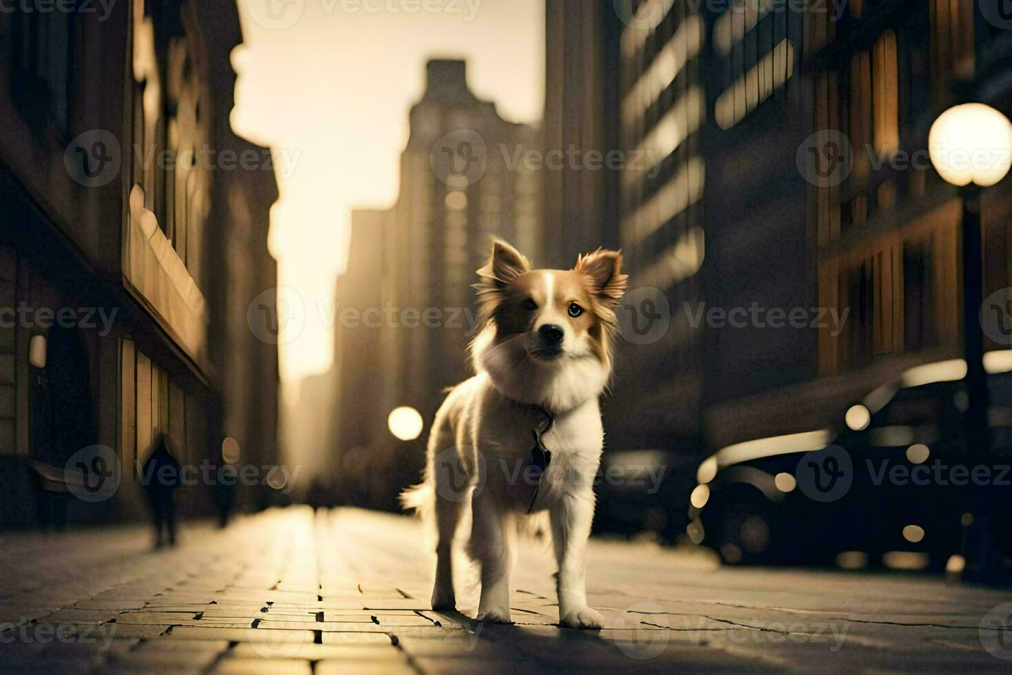 a dog walking down a city street at dusk. AI-Generated photo