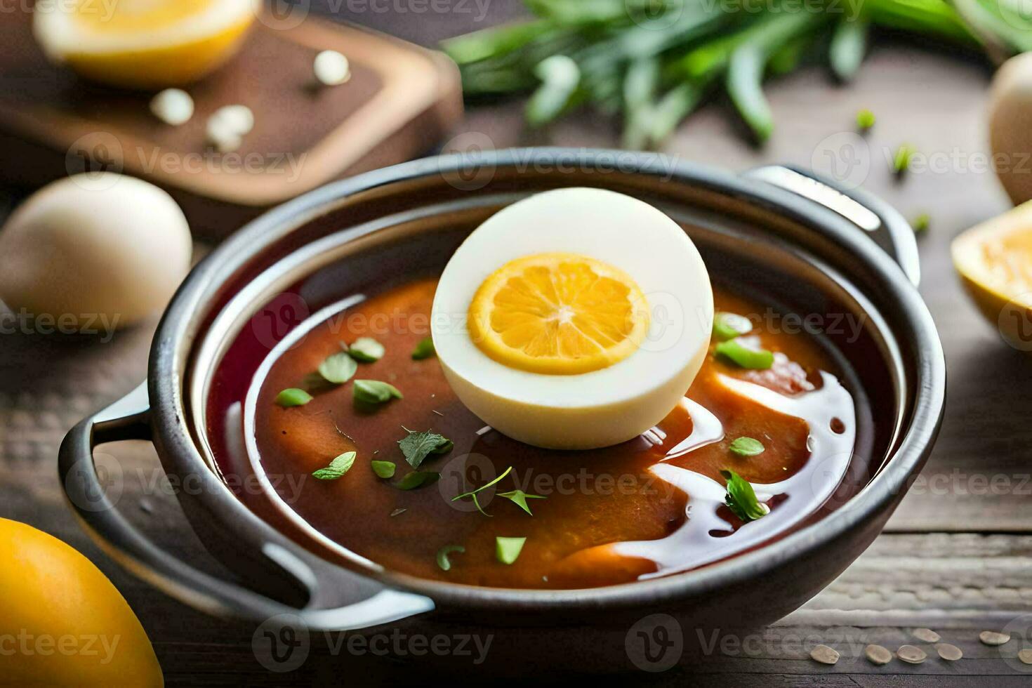 a bowl of soup with an egg in it. AI-Generated photo