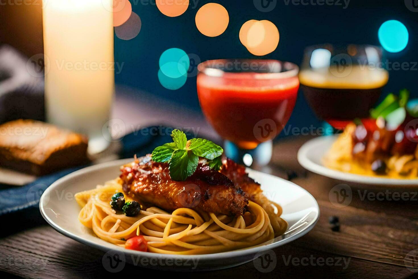 two plates with spaghetti and meat on a table. AI-Generated photo