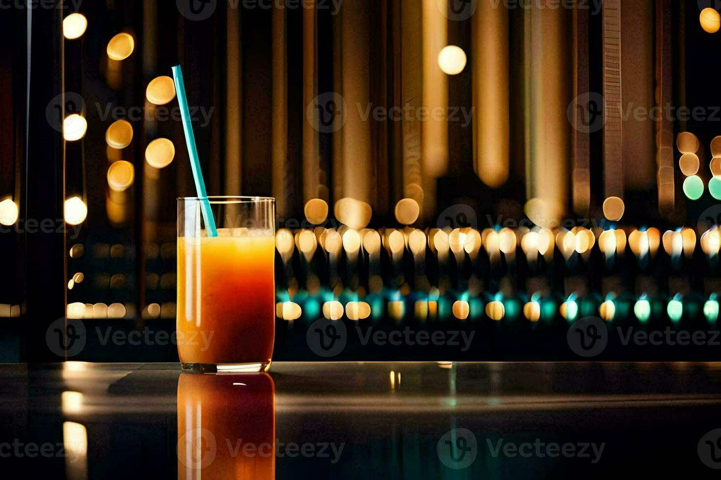 a glass of orange juice with a blue straw sitting on a table. AI-Generated photo