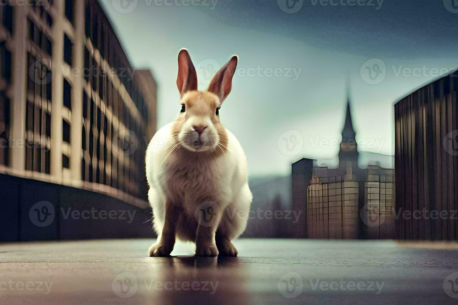 a rabbit is standing on a street in front of a city. AI-Generated photo