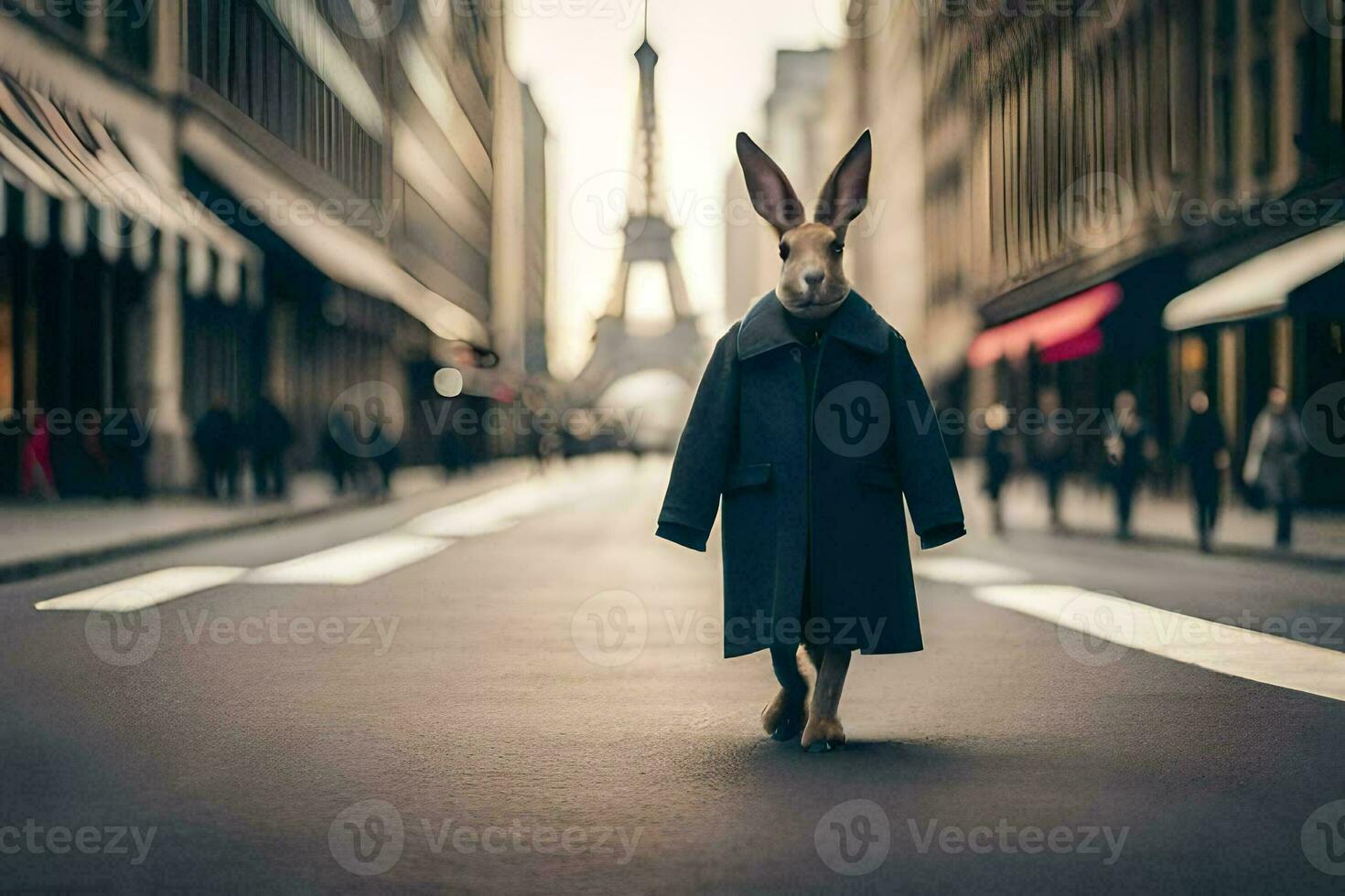 a rabbit in a coat walking down a street. AI-Generated photo