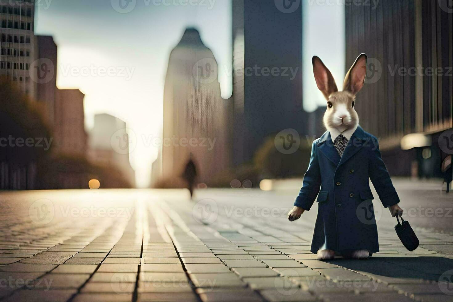 a rabbit dressed in a suit and tie is standing in the middle of a city street. AI-Generated photo